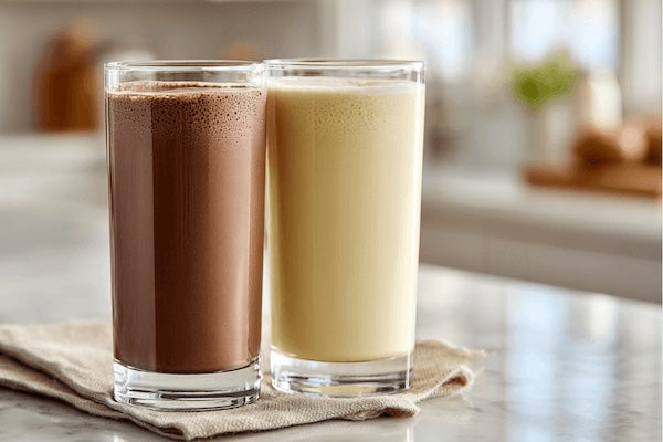 Vanilla and chocolate shakes in glasses