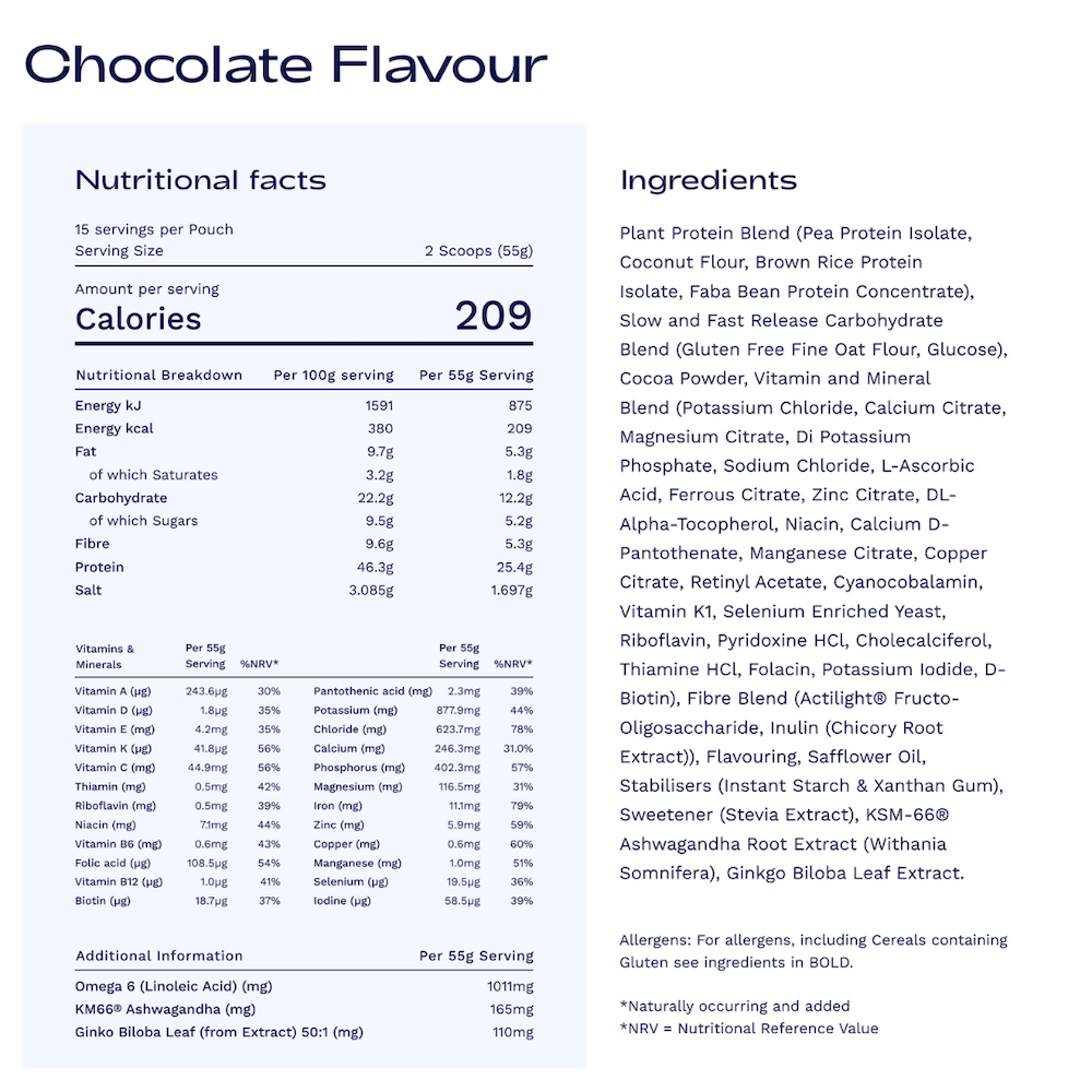 Nutritional facts and ingredients list for Eve Biology chocolate flavour.