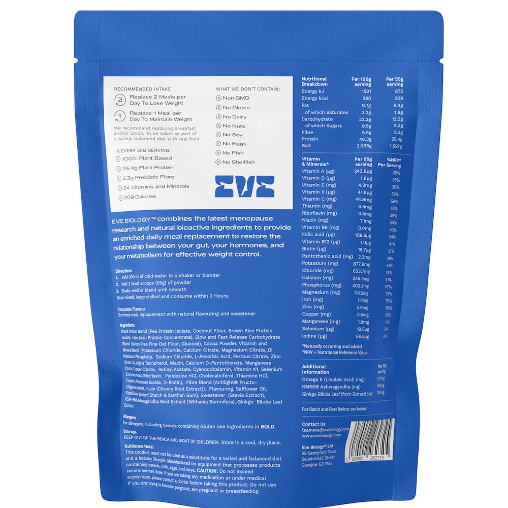 Eve Biology chocolate pouch nutritional information and branding