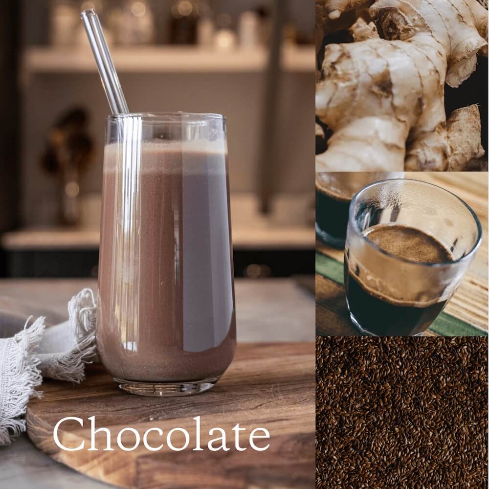Chocolate meal replacement shake in a glass with serving suggestions