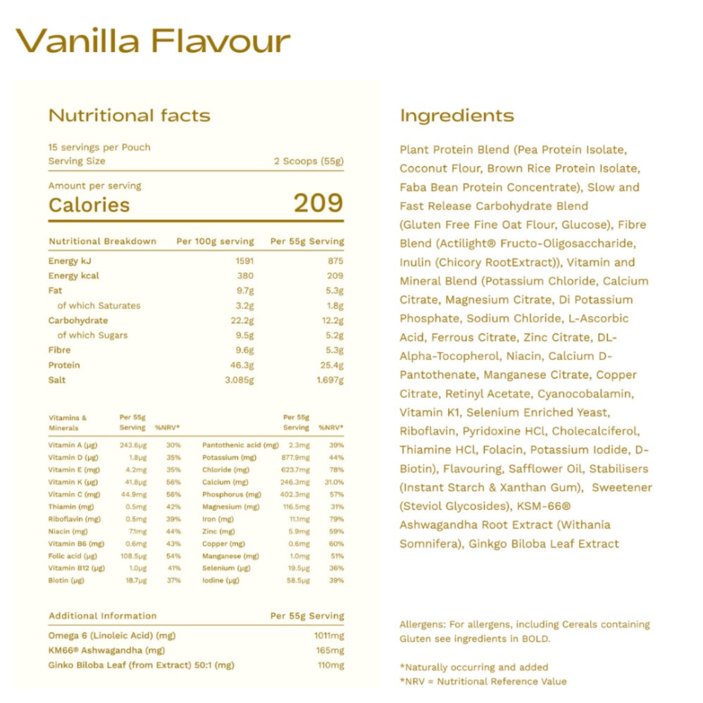 Nutritional facts and ingredients list for a product with vanilla flavor on a white background.