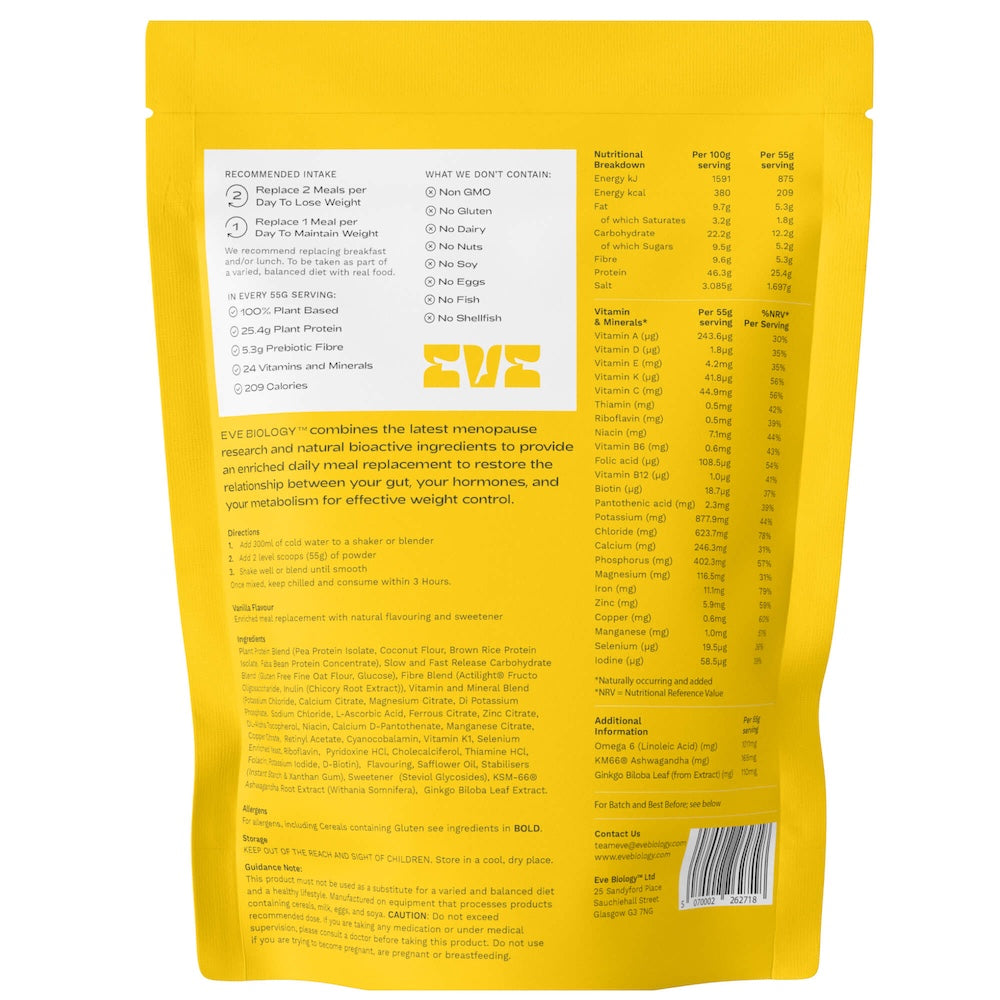 Eve Biology meal replacement shake for weight loss vanilla back of pack