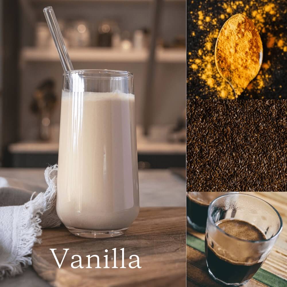 Eve Biology vanilla meal replacement shake in a glass with espresso and turmeric.