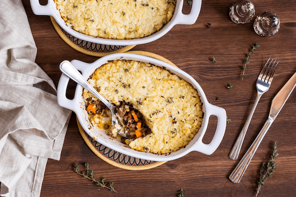 Healthy sheppherds pie in an oven proof bowl