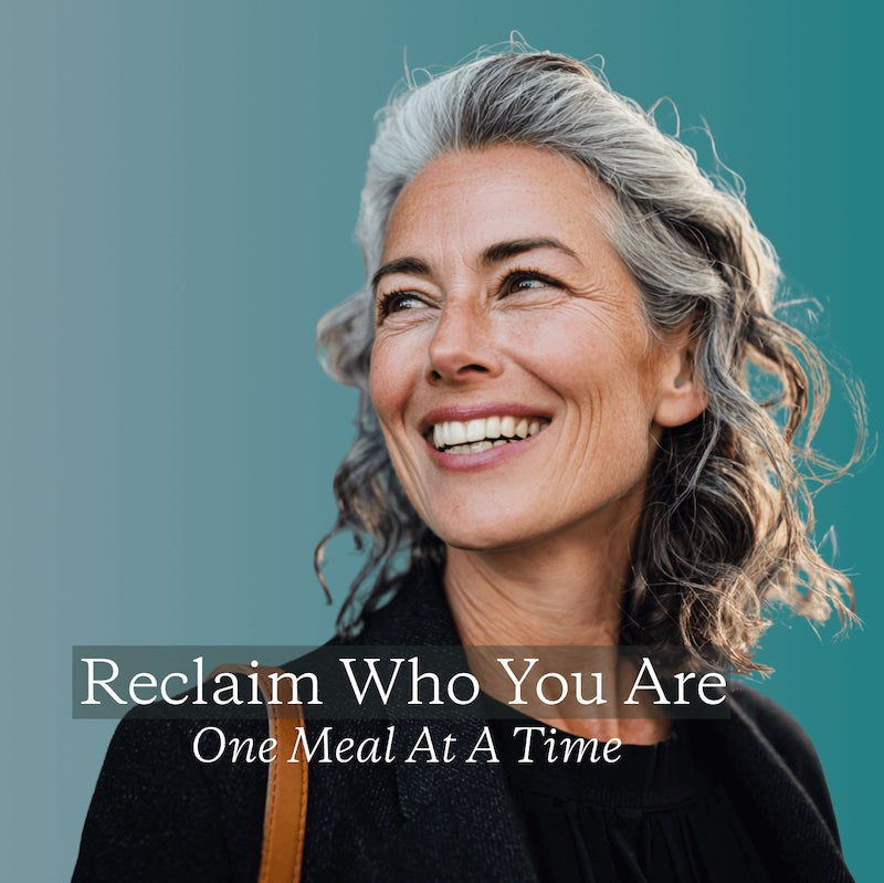 Woman with gray hair smiling against a teal background with motivational text.