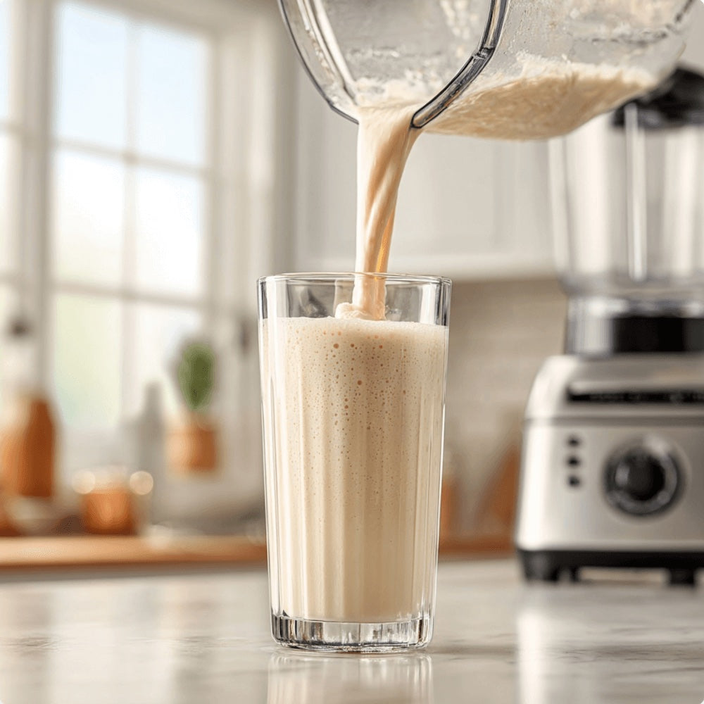 Blender pouring a vanilla shake into a glass on a kitchen counter.