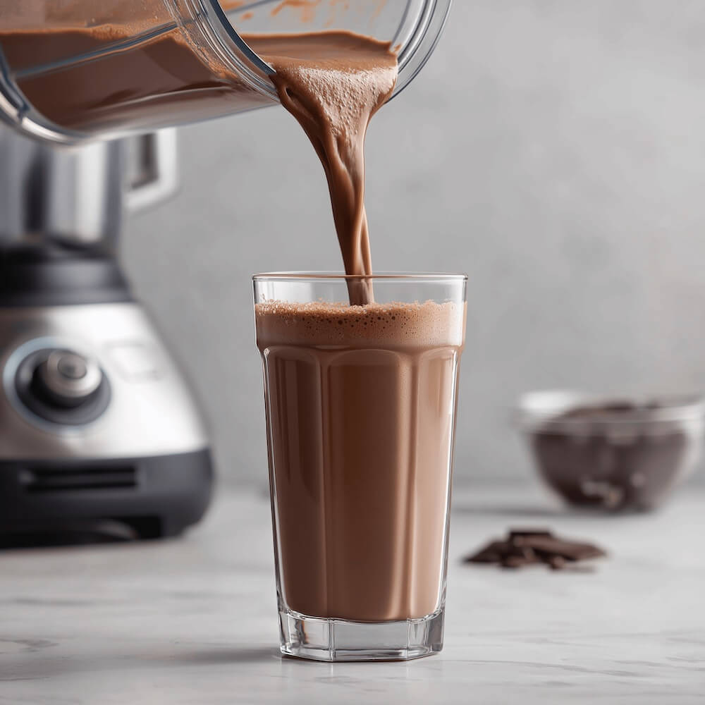 Chocolate rebalancing shake being poured from a blender into a glass.
