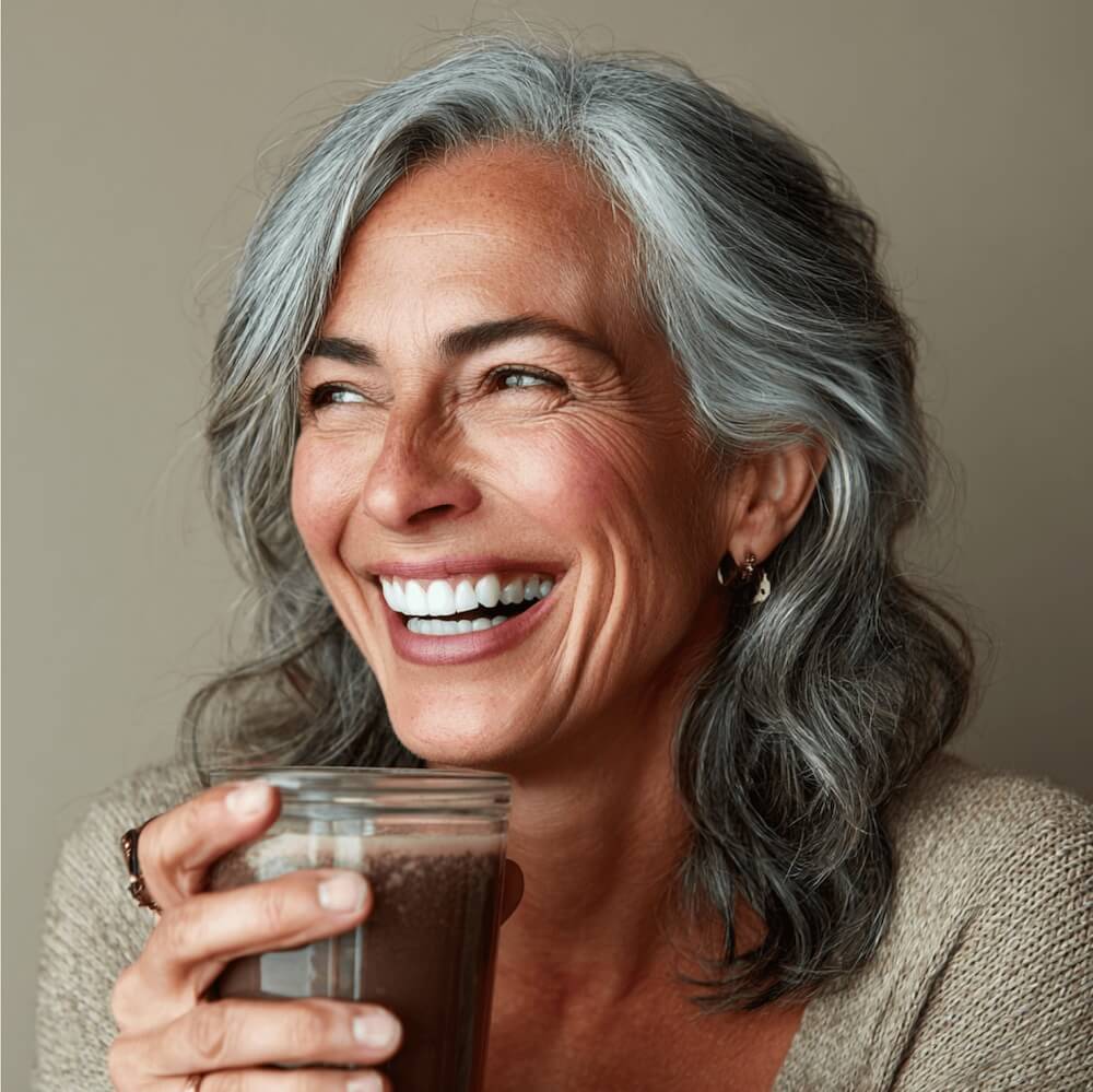 Woman in fifties holding a chocolate shake smiling against a neutral background