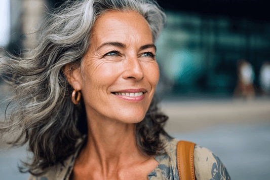 Attractive woman in her 50's with gold earrings