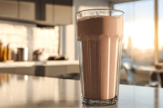Chocolate food replacement shake on kitchen counter