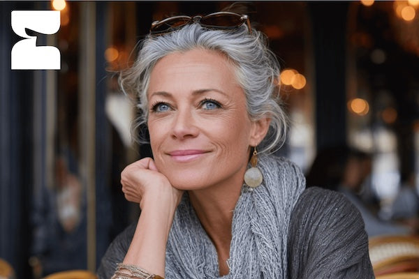 Woman with grey hair smiling in cafe