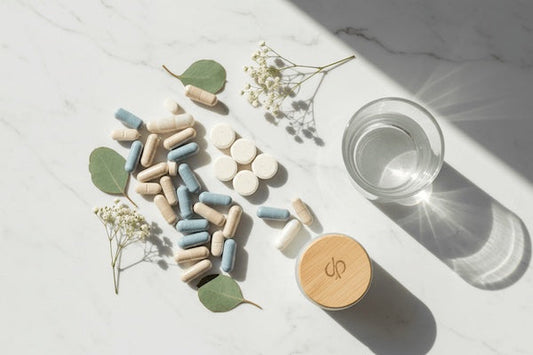 menopause supplements on a marble counter