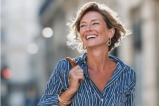 woman walking in blue striped shirt