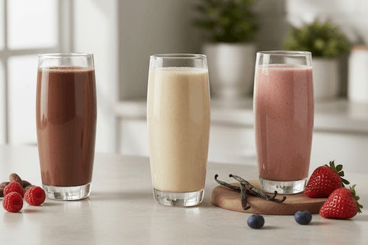 Weight loss shakes in three flavours on a kitchen counter