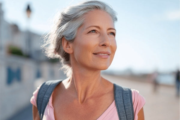 Attractive woman in a pink top walking outside