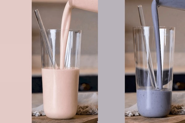 Strawberry shake, blueberry shake in tall glasses