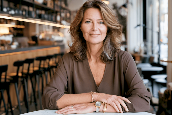 Mature woman in a brown sweater, arms crossed, relaxed smile , sitting in a cafe