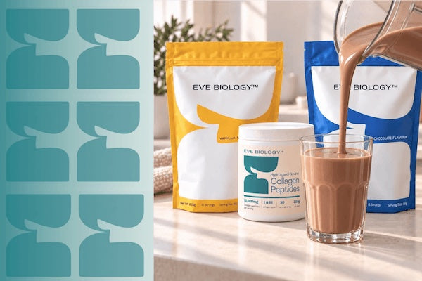 Vanilla and Chocolate shake pouches with tub of Collagen Peptides