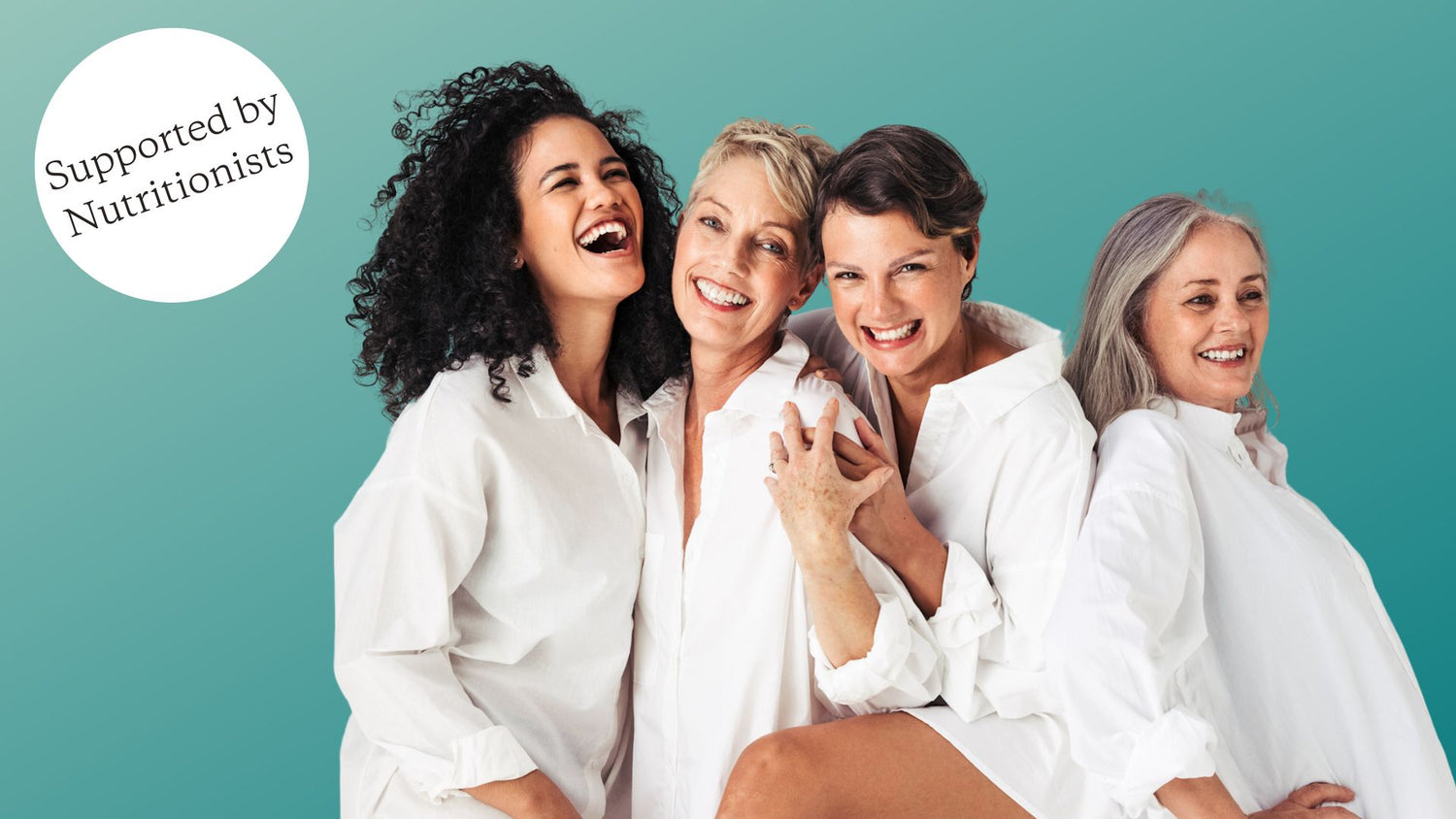 Four women in white shirts posing together against a teal background, with a label indicating support from nutritionists.