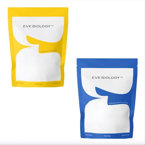 Two packages of Eve Biology products, one yellow and one blue, on a white background.