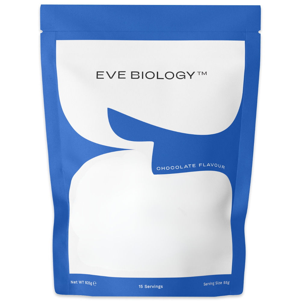 Chocolate flavour  Eve Biology meal replacement shake on a white background