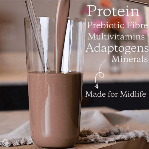 Chocolate diet shake being poured into a glass with health benefits listed on a blurred background.