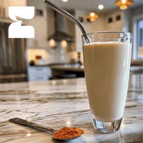 Shake with a metal straw on a kitchen counter, with a spoonful of turmeric next to it
