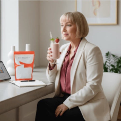 woman drinking a shake at desk at work