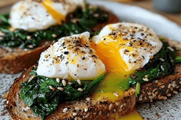 Toast with spinach and poached eggs on a wooden surface