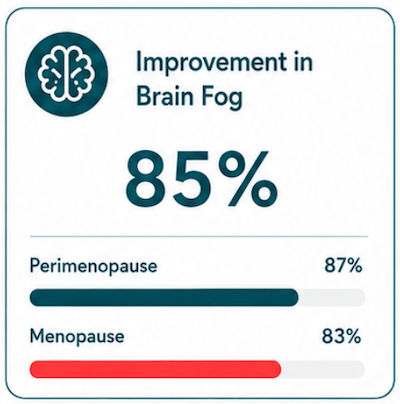 A digital infographic card titled 'Improvement in Brain Fog' showing a large '85%' with percentage improvements for 'Perimenopause' at 87% and 'Menopause' at 83%, including progress bars.