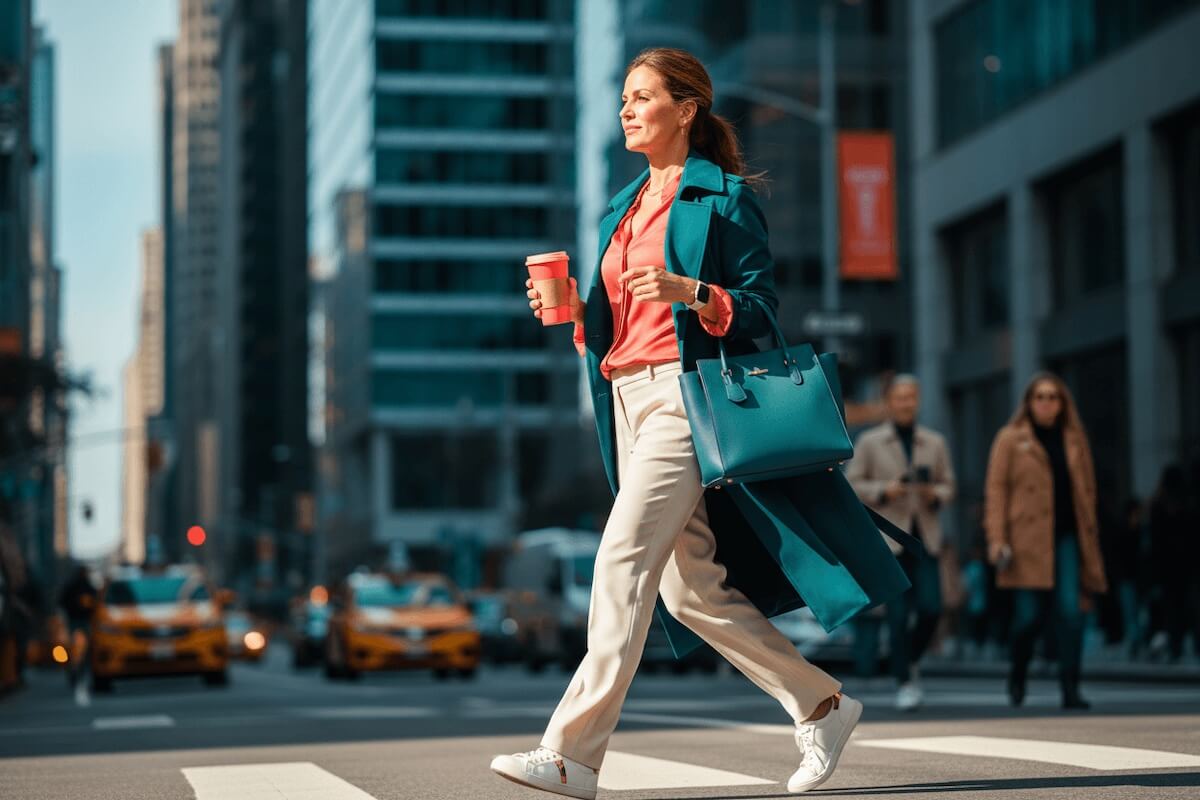 Woman walking across a city street with a coffee cup and bag surrounded by tall buildings and taxis.