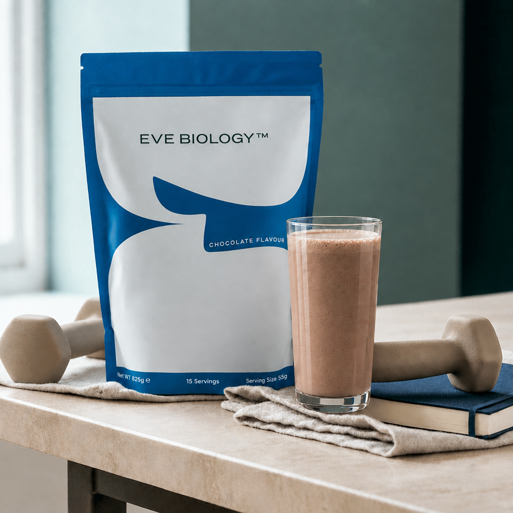 Chocolate shake in a tall glass with chocolate pouch, hand weights