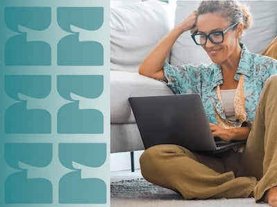 A woman with glasses sits on a couch using a laptop in a living room setting, with a teal patterned graphic overlay on the left side.