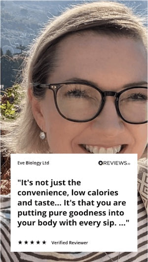 Woman wearing glasses with a scenic background, featuring a review text overlay from Eve Biology Ltd.