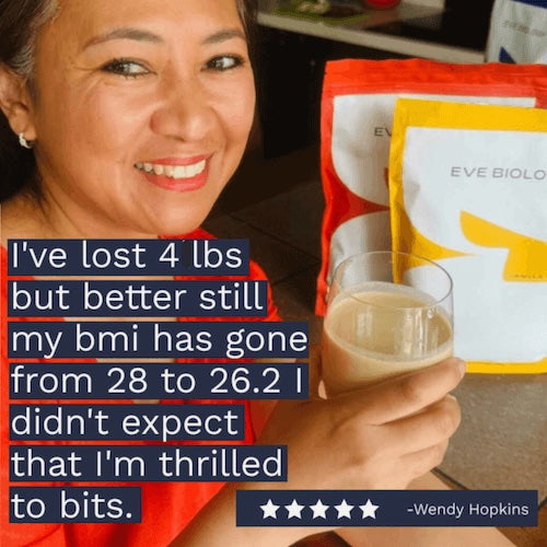 Woman drinking a shake with product in the background