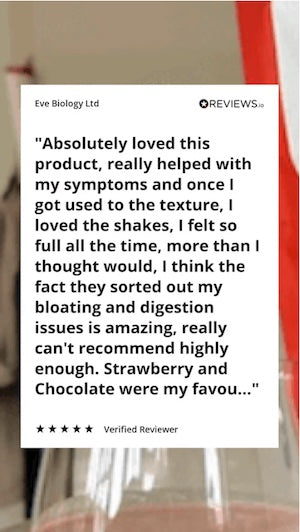 Product review text on a white background with a blurred product in the background