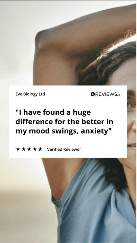 Person with text overlay about mood swings and anxiety relief, featuring Eve Biology Ltd.