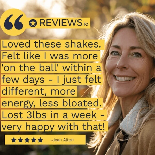 Woman smiling with a testimonial about shakes on a yellow background