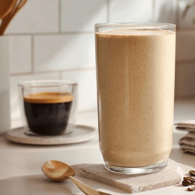 Glass of coffee smoothie on a coaster with a cup of espresso and coffee beans in the background.