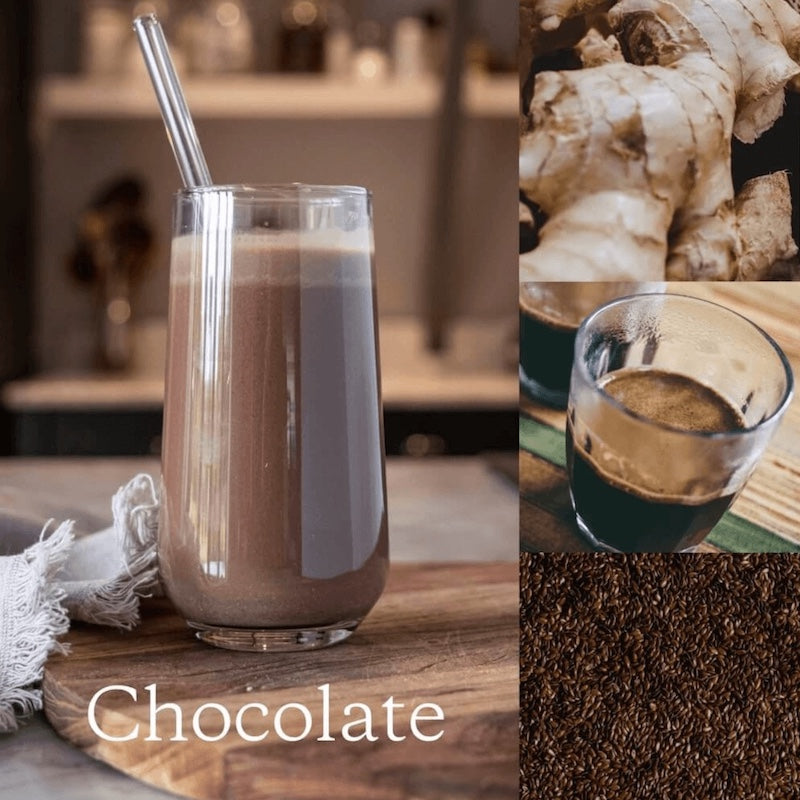 Chocolate shake  in a glass with a straw on a wooden surface, surrounded by images of ginger and coffee.