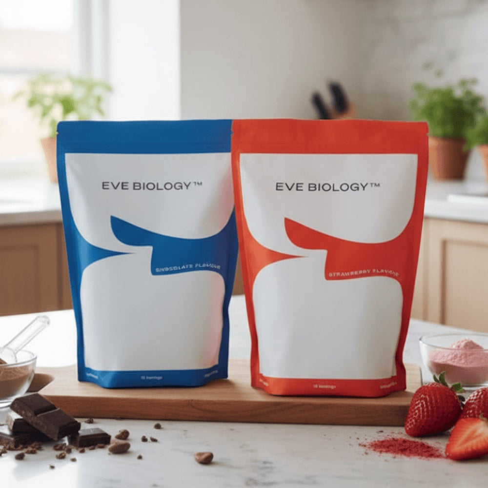 Two Eve Biology product packages on a kitchen counter with ingredients.