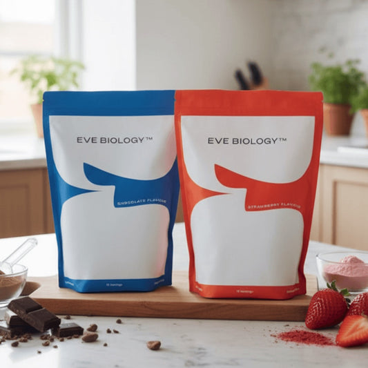 Two Eve Biology product packages on a kitchen counter with ingredients.