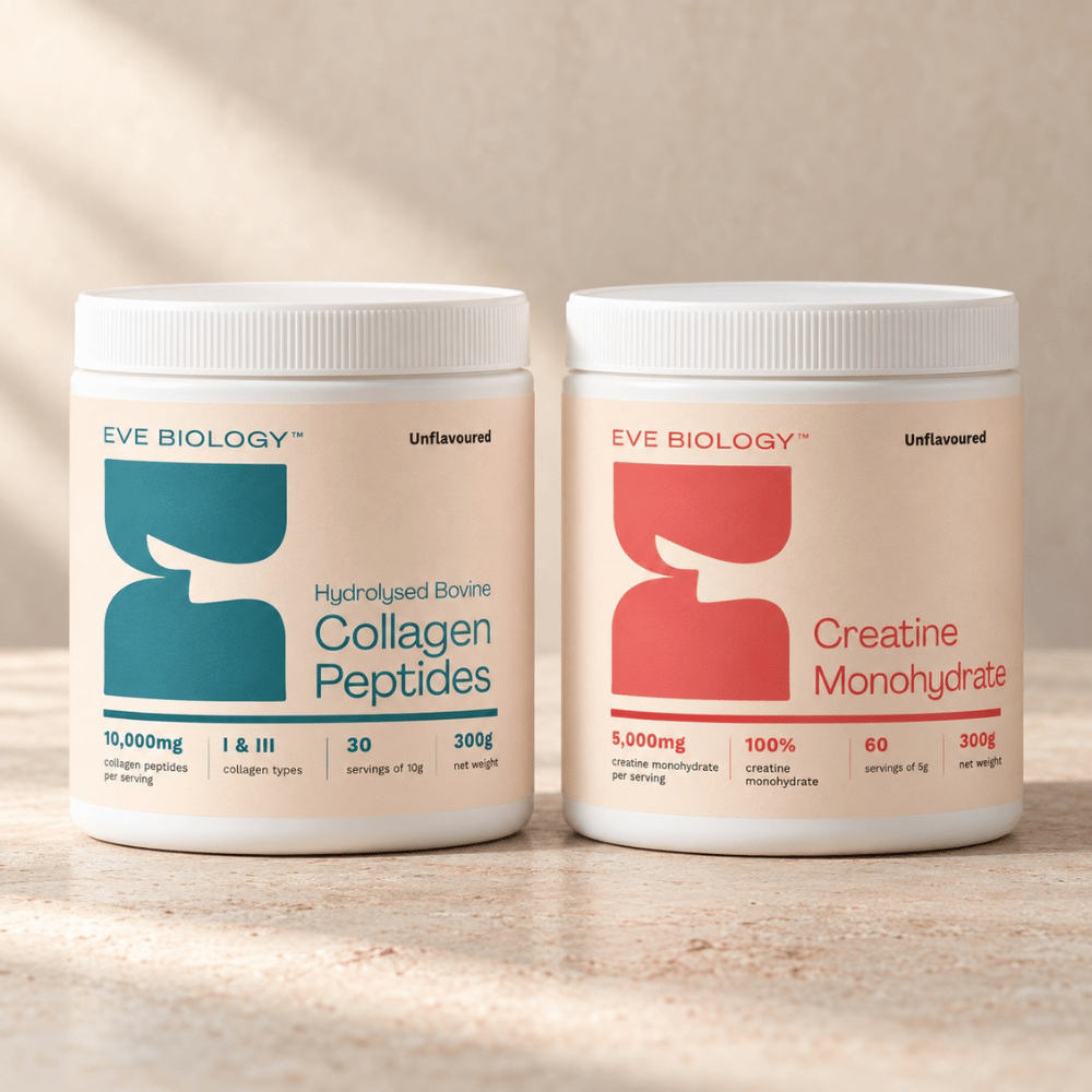 Eve Biology Everyday Collagen and Creatine powder in white tubs on a neutral counter. 