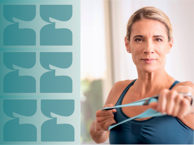 A woman in a blue athletic tank top stretches a light blue resistance band against a bright indoor background, with a teal graphic pattern overlay on the left side.