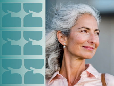 A close-up portrait of a smiling older woman with gray hair, shown beside a teal graphic panel with repeated abstract shapes.