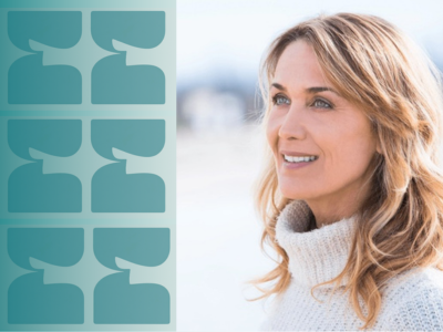 A smiling blonde woman in a white knit turtleneck sweater, shown in profile against a bright outdoor background, with a teal graphic panel of stylized quote marks on the left side.