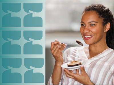 A smiling woman in a white and pink striped shirt holds a small plate with a grilled tuna , with a teal graphic pattern overlay on the left side.