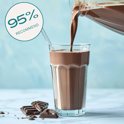 Chocolate shake being poured into a glass with on a light blue background