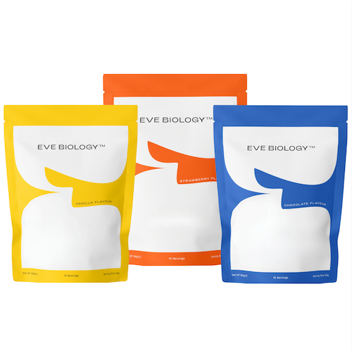 Three packages of Eve Biology products in yellow, orange, and blue on a white background
