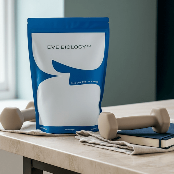 A blue and white stand-up pouch of Eve Biology Chocolate Flavour powder sits on a countertop with dumbbells and a notebook nearby, suggesting a fitness or gym context.